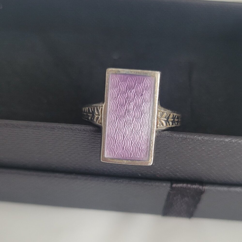 Antique Purple Signet Sterling Silver Ostby Barton Ring Art Deco Era Guilloche - Picture 1 of 14